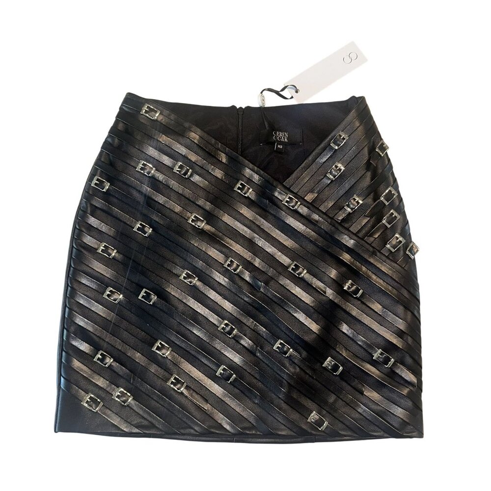 NWT Ceren Ocak Black Lamb Leather Buckle Detail Mini Skirt Women's X-Small XS